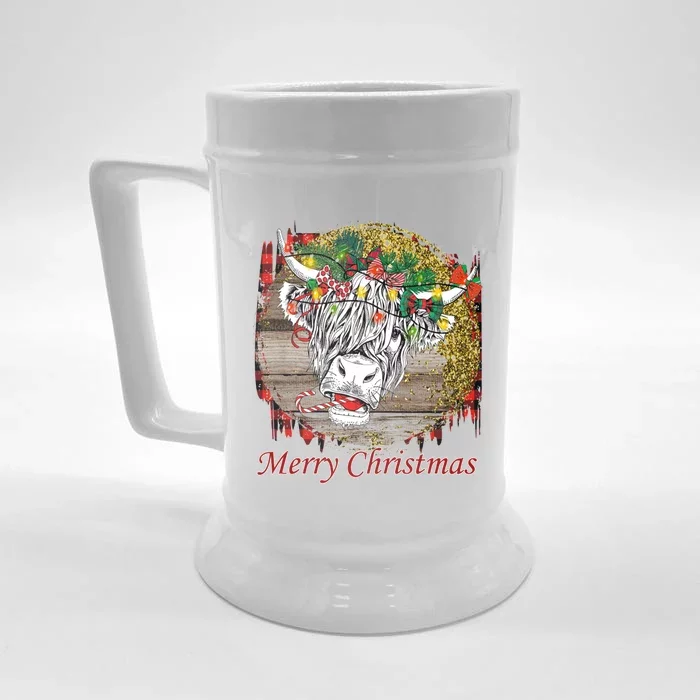 Cute Santa Highland Hairy Cow Merry Christmas Red Plaid Gift Front & Back Beer Stein