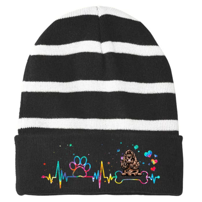 Cocker Spaniel Heartbeat Tie Dye Dog Lovers Striped Beanie with Solid Band