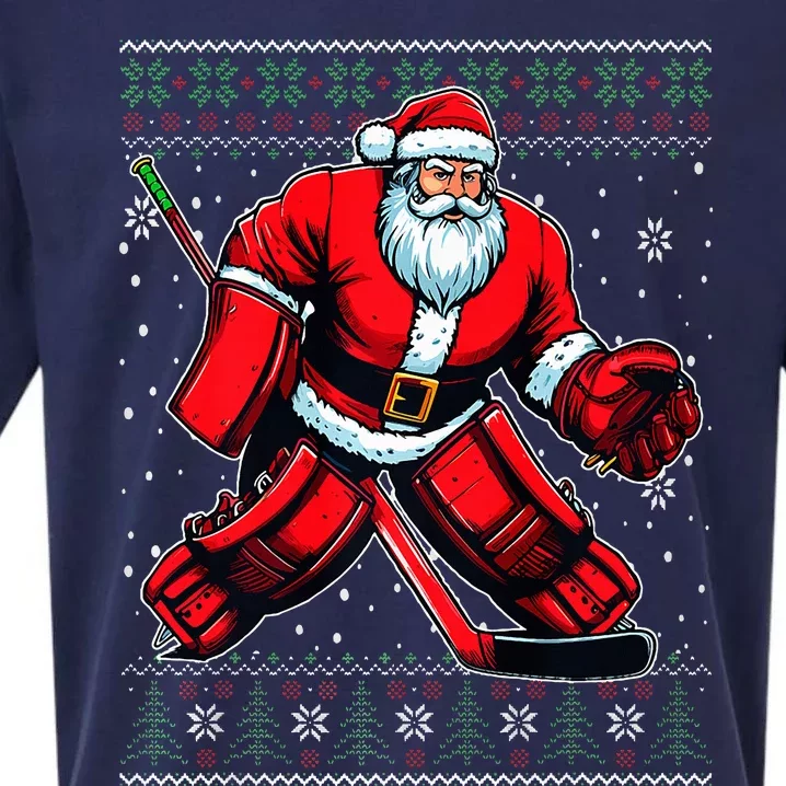 Christmas Santa Hockey Goalie Ugly Christmas Sweater Sueded Cloud Jersey T-Shirt