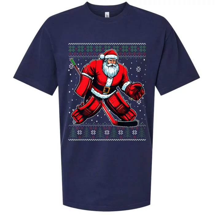 Christmas Santa Hockey Goalie Ugly Christmas Sweater Sueded Cloud Jersey T-Shirt