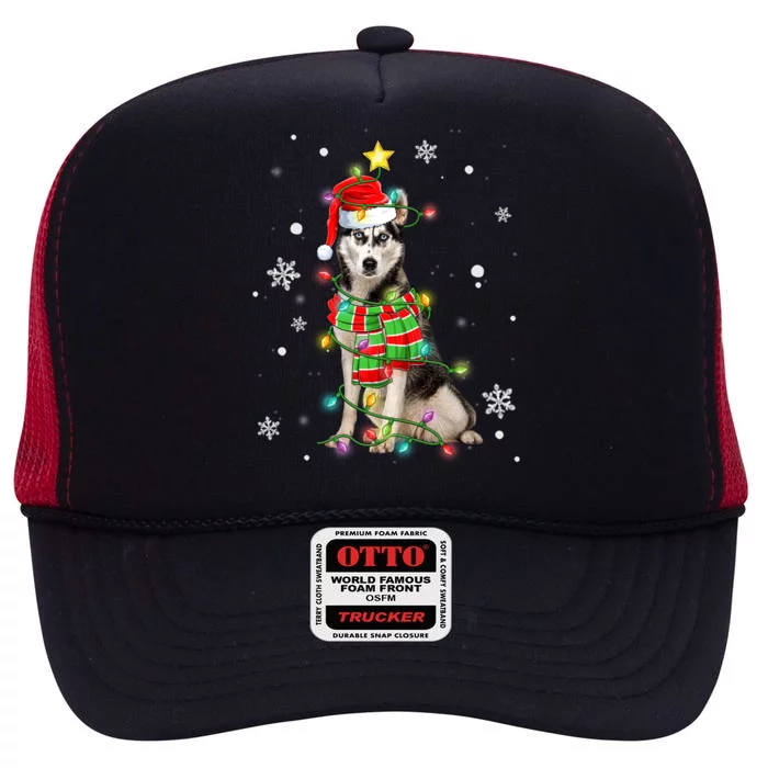 Cute Siberian Husky Dog Santa Christmas Tree Lights Xmas Gift High Crown Mesh Trucker Hat