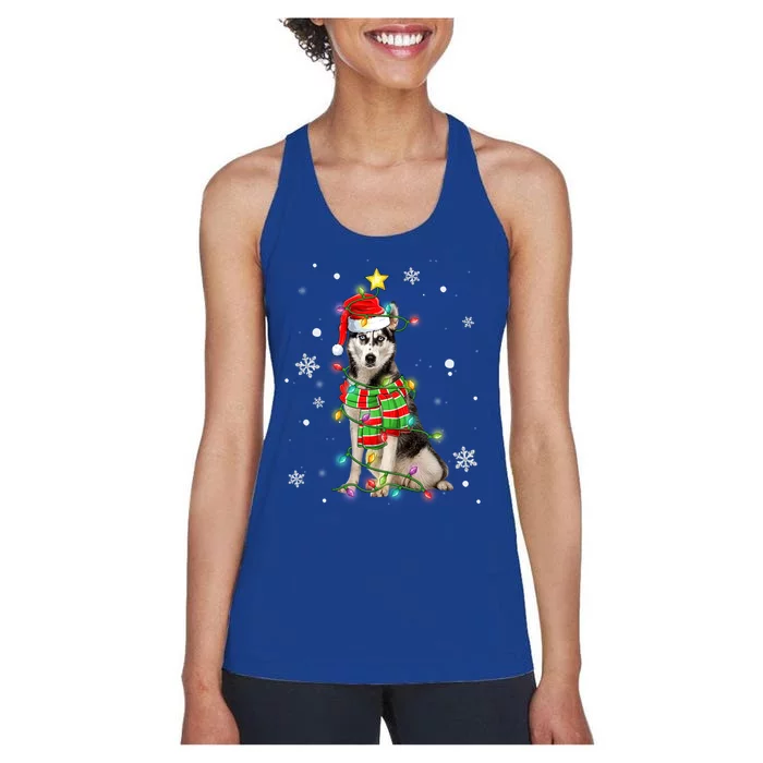 Cute Siberian Husky Dog Santa Christmas Tree Lights Xmas Gift Women's Racerback Tank