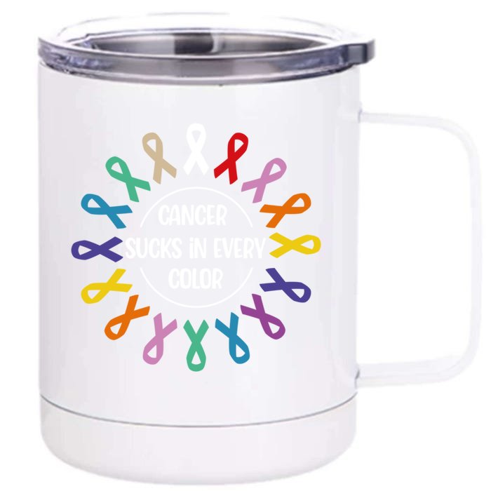 Cancer Sucks In Every Color Fight Cancer Awareness Ribbons Gift Front & Back 12oz Stainless Steel Tumbler Cup