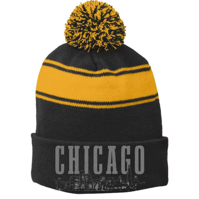 Chicago Skyline Illinois Vintage Chicago Pride Stripe Pom Pom Beanie