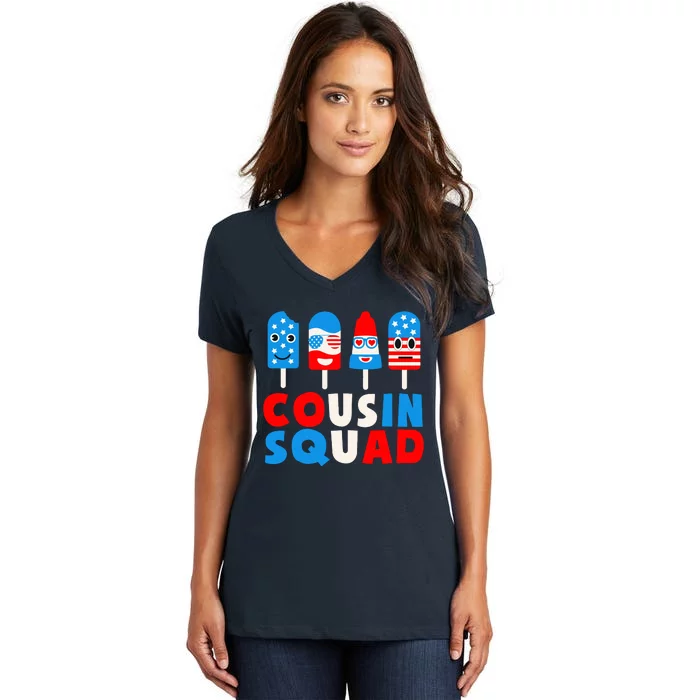 Cousin Squad Ice Cream US American Flag 4th Of July Gift Women's V-Neck T-Shirt