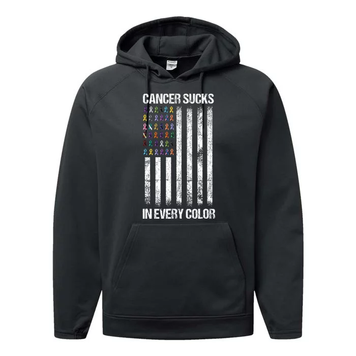 Cancer Sucks In Every Color Usa American Flag Ribbons Performance Fleece Hoodie