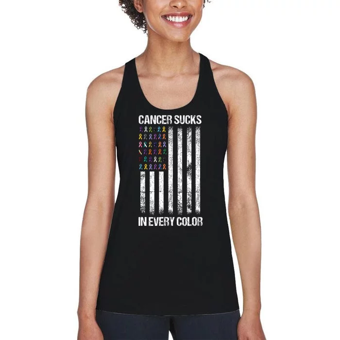 Cancer Sucks In Every Color Usa American Flag Ribbons Women's Racerback Tank