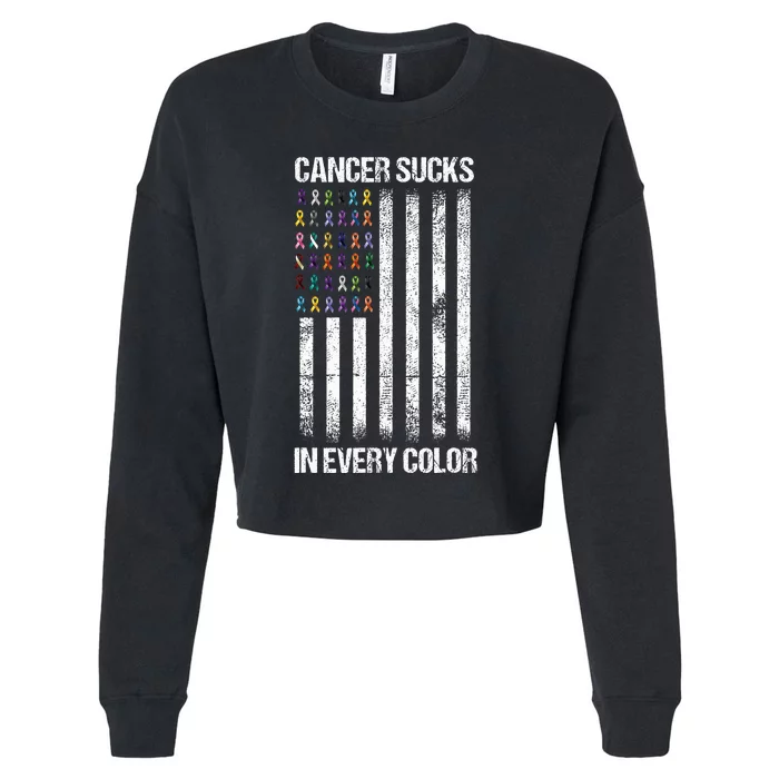 Cancer Sucks In Every Color Usa American Flag Ribbons Cropped Pullover Crew