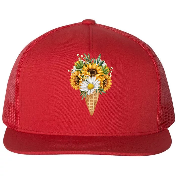 Cute Sunflowers In Ice Cream Cone Flat Bill Trucker Hat