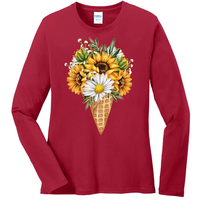 Cute Sunflowers In Ice Cream Cone Ladies Long Sleeve Shirt