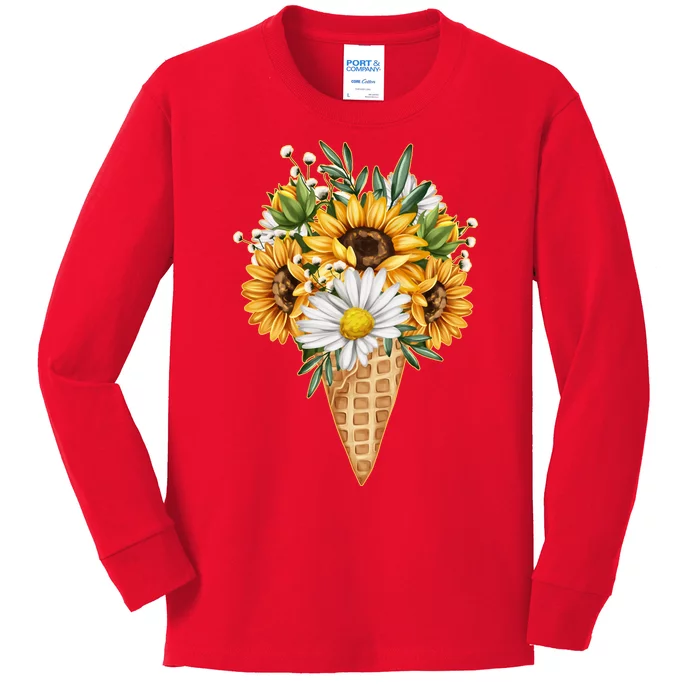 Cute Sunflowers In Ice Cream Cone Kids Long Sleeve Shirt