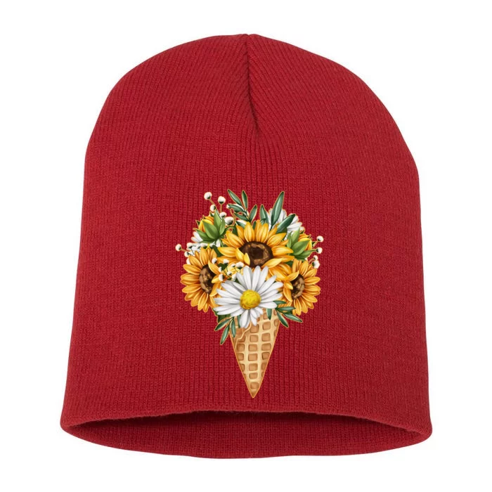 Cute Sunflowers In Ice Cream Cone Short Acrylic Beanie