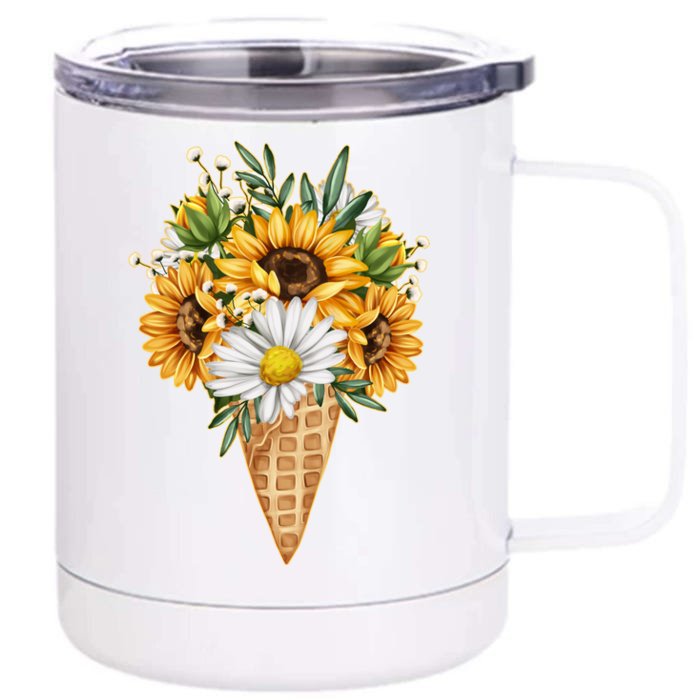 Cute Sunflowers In Ice Cream Cone Front & Back 12oz Stainless Steel Tumbler Cup