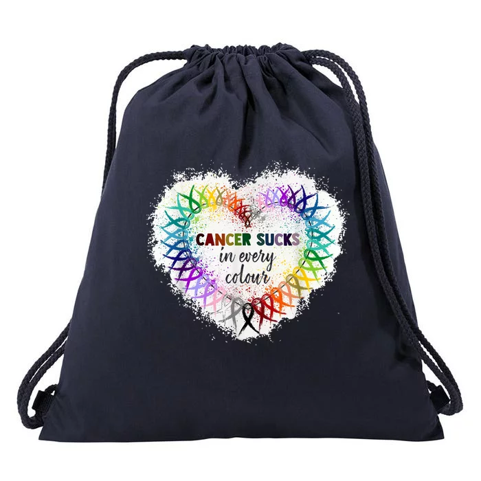 Cancer Sucks In Every Color Cancer Awareness Ribbons Heart Cute Gift Drawstring Bag