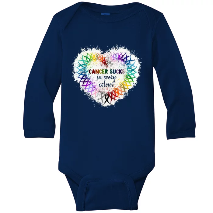 Cancer Sucks In Every Color Cancer Awareness Ribbons Heart Cute Gift Baby Long Sleeve Bodysuit