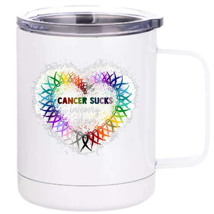 Cancer Sucks In Every Color Cancer Awareness Ribbons Heart Cute Gift Front & Back 12oz Stainless Steel Tumbler Cup