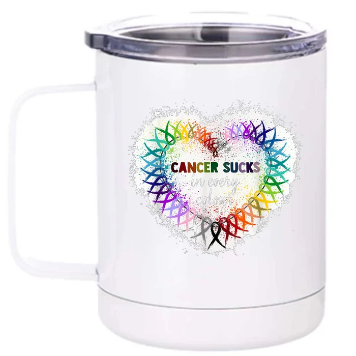 Cancer Sucks In Every Color Cancer Awareness Ribbons Heart Cute Gift Front & Back 12oz Stainless Steel Tumbler Cup