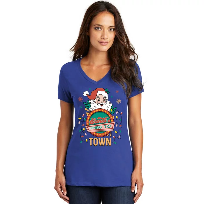 Christmas Santa Is Coming To Town Retro Christmas Pajamas Cute Gift Women's V-Neck T-Shirt