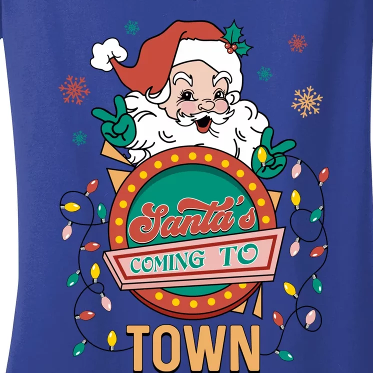 Christmas Santa Is Coming To Town Retro Christmas Pajamas Cute Gift Women's V-Neck T-Shirt