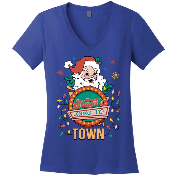 Christmas Santa Is Coming To Town Retro Christmas Pajamas Cute Gift Women's V-Neck T-Shirt