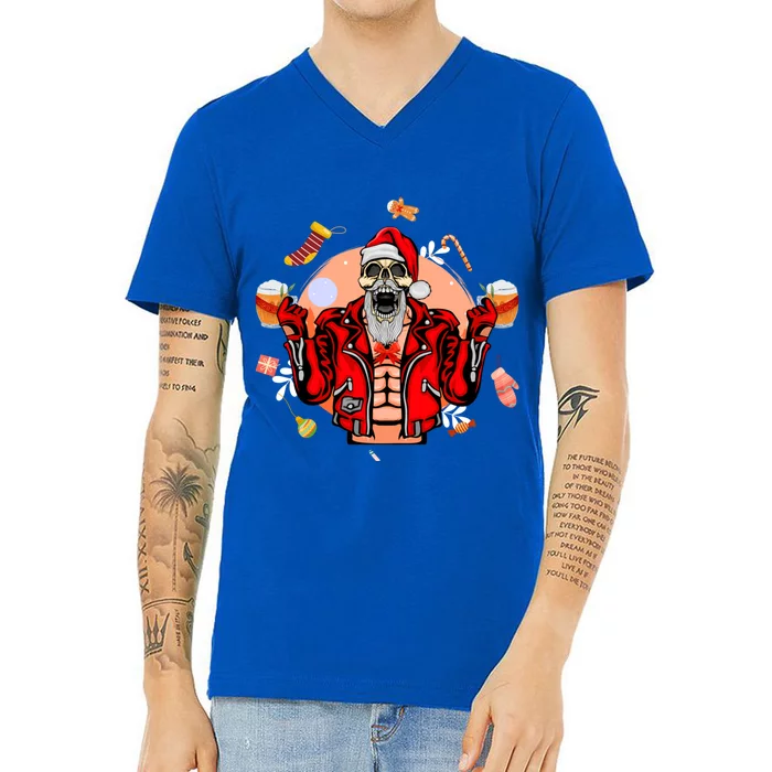 Christmas Skeleton Ing Beer Santa Claus Skeleton Gift V-Neck T-Shirt