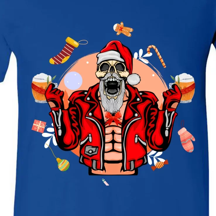 Christmas Skeleton Ing Beer Santa Claus Skeleton Gift V-Neck T-Shirt