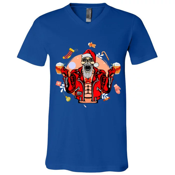 Christmas Skeleton Ing Beer Santa Claus Skeleton Gift V-Neck T-Shirt