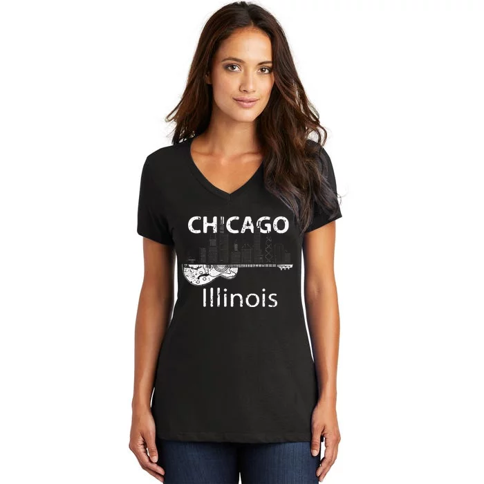 Chicago Souvenir Illinois Music Electric Guitar Women's V-Neck T-Shirt