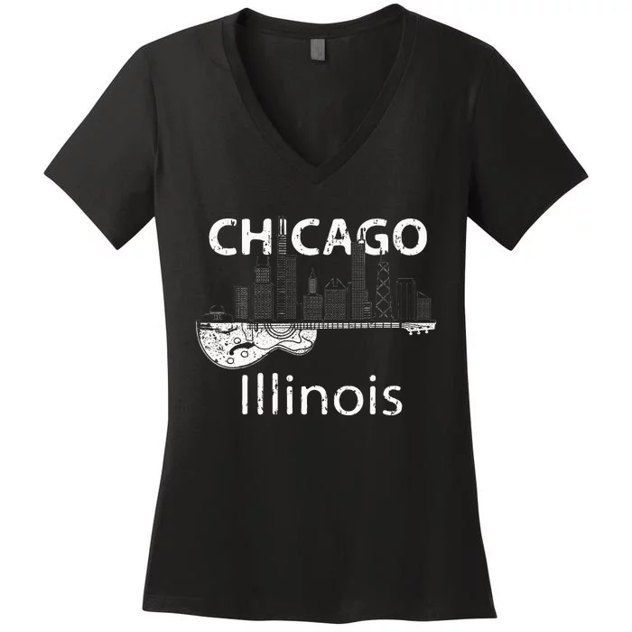 Chicago Souvenir Illinois Music Electric Guitar Women's V-Neck T-Shirt