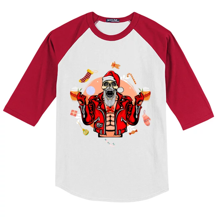 Christmas Skeleton Ing Beer Santa Claus Skeleton Cute Gift Kids Colorblock Raglan Jersey