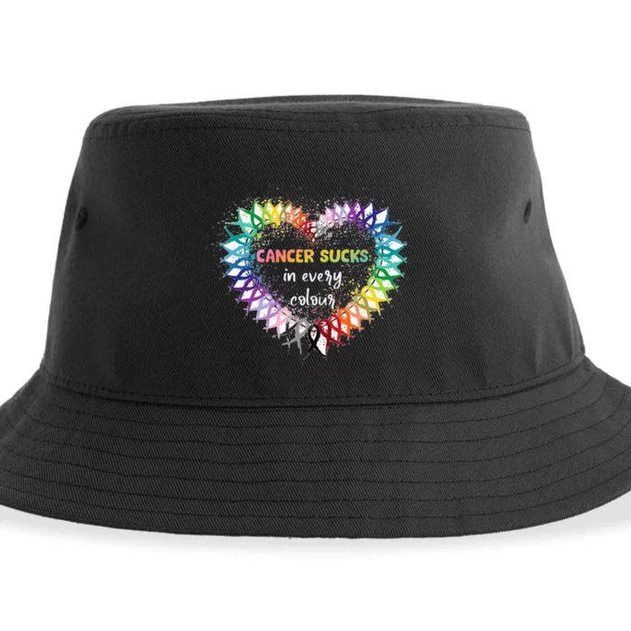 Cancer Sucks In Every Color Cancer Awareness Ribbons Heart Sustainable Bucket Hat