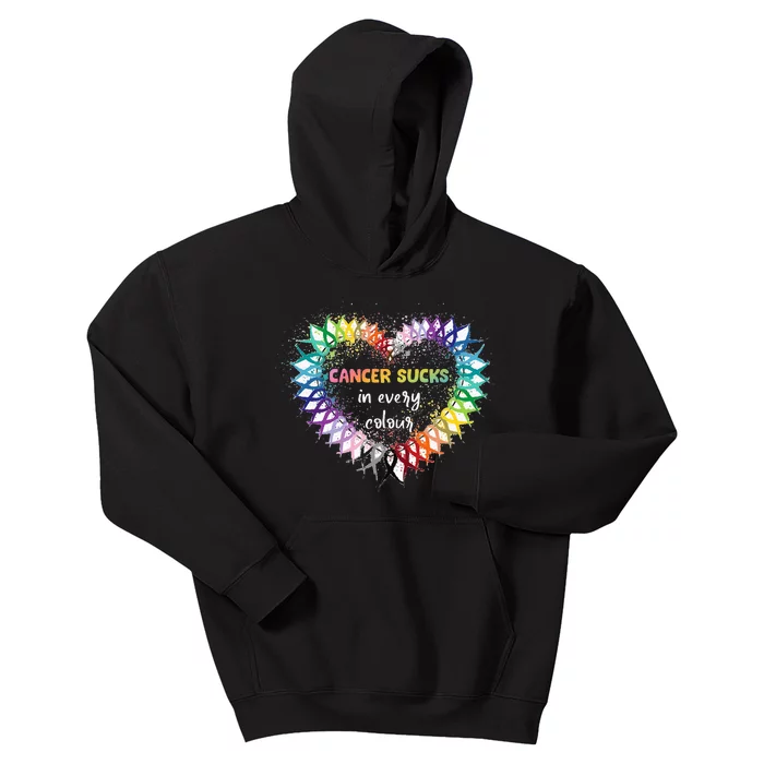 Cancer Sucks In Every Color Cancer Awareness Ribbons Heart Kids Hoodie