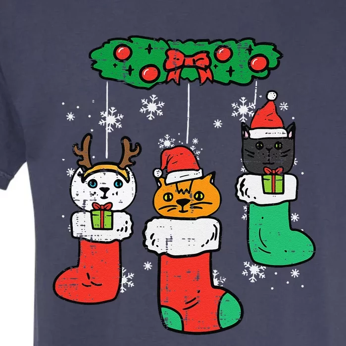 Cats Santa In Christmas Stockings Cute Xmas Funny Garment-Dyed Heavyweight T-Shirt