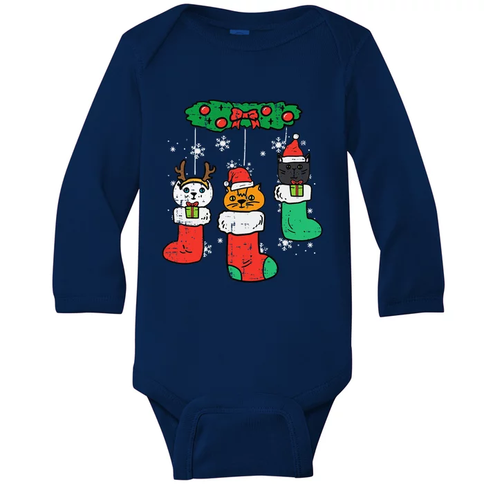 Cats Santa In Christmas Stockings Cute Xmas Funny Baby Long Sleeve Bodysuit