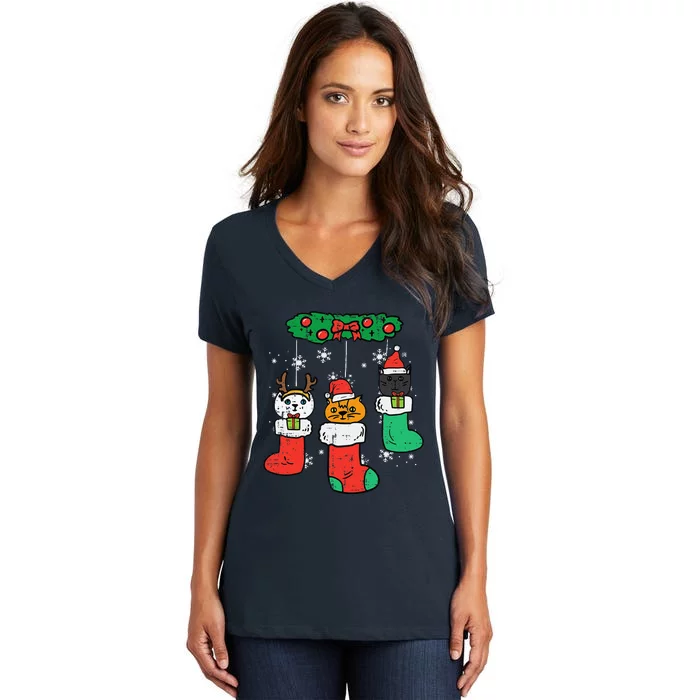 Cats Santa In Christmas Stockings Cute Xmas Funny Women's V-Neck T-Shirt