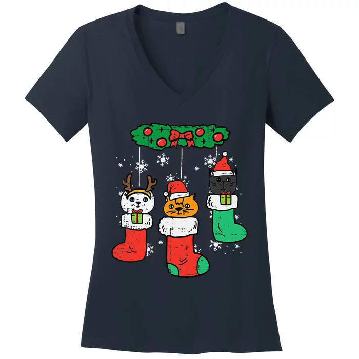 Cats Santa In Christmas Stockings Cute Xmas Funny Women's V-Neck T-Shirt