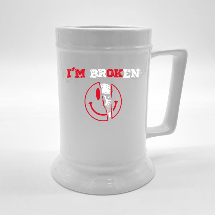 Confused Skull I'm Broken Invisible Illness I'm OK Broken Front & Back Beer Stein