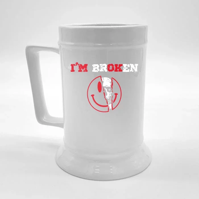 Confused Skull I'm Broken Invisible Illness I'm OK Broken Front & Back Beer Stein