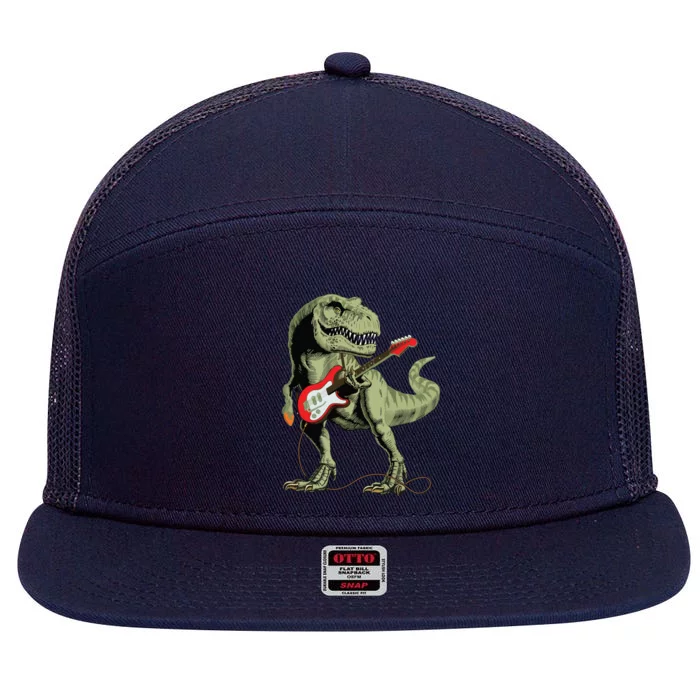 Cool Sarcastic Illustration TRex Dinosaur Playing Guitar 7 Panel Mesh Trucker Snapback Hat