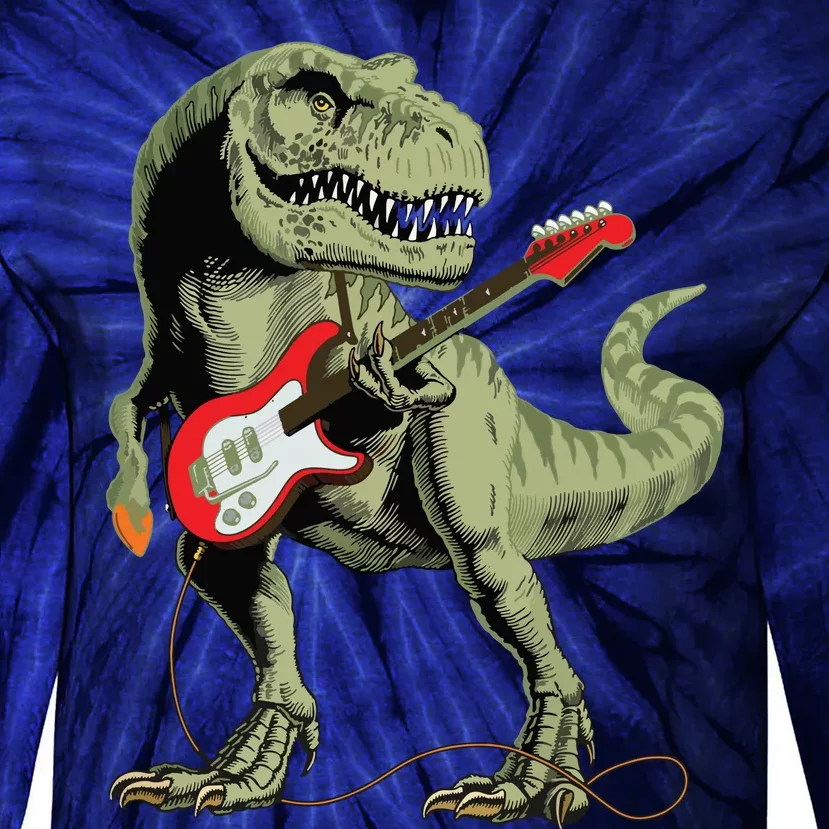 Cool Sarcastic Illustration TRex Dinosaur Playing Guitar Tie-Dye Long Sleeve Shirt