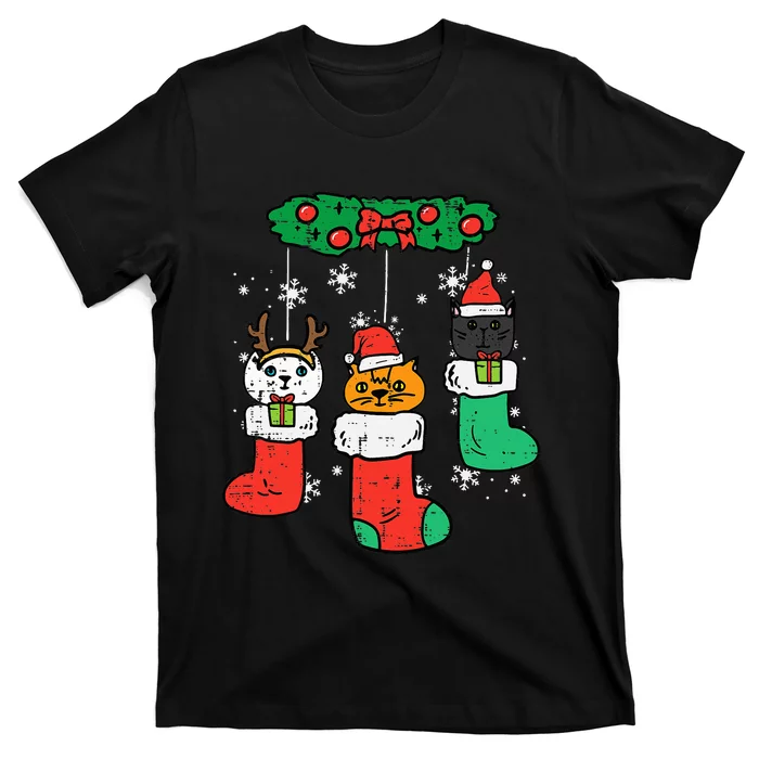 Cats Santa In Christmas Stockings Cute Xmas T-Shirt