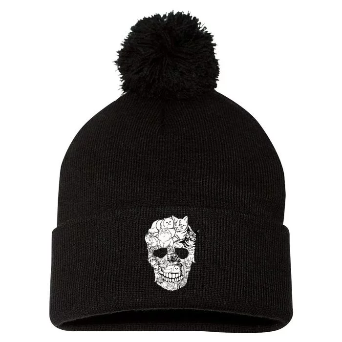 Cat Skull Kitty Skeleton Halloween Costume Skull Cat Pom Pom 12in Knit Beanie