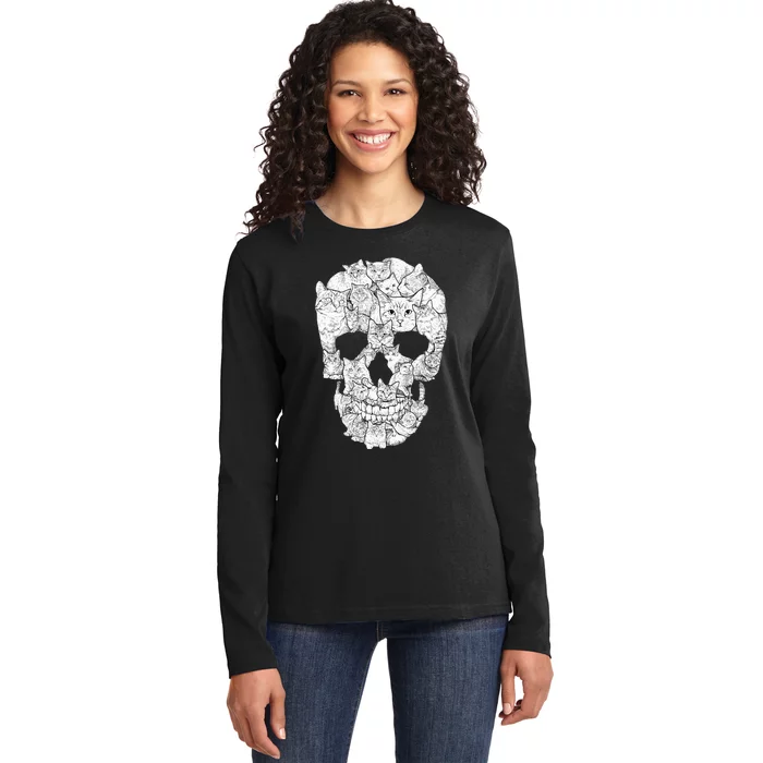 Cat Skull Kitty Skeleton Halloween Costume Idea Ladies Long Sleeve Shirt