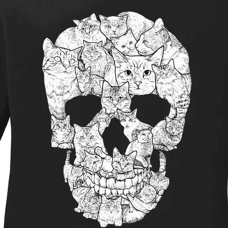 Cat Skull Kitty Skeleton Halloween Costume Idea Ladies Long Sleeve Shirt