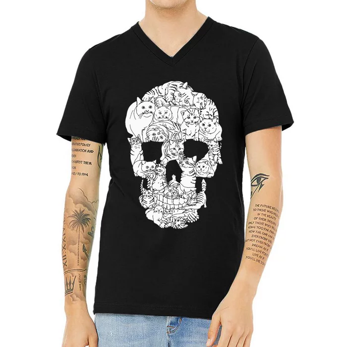 Cat Skull Kitty Skeleton Halloween Goth Punk Emo Gift V-Neck T-Shirt