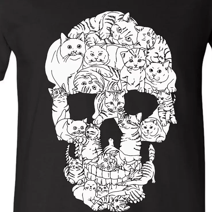 Cat Skull Kitty Skeleton Halloween Goth Punk Emo Gift V-Neck T-Shirt