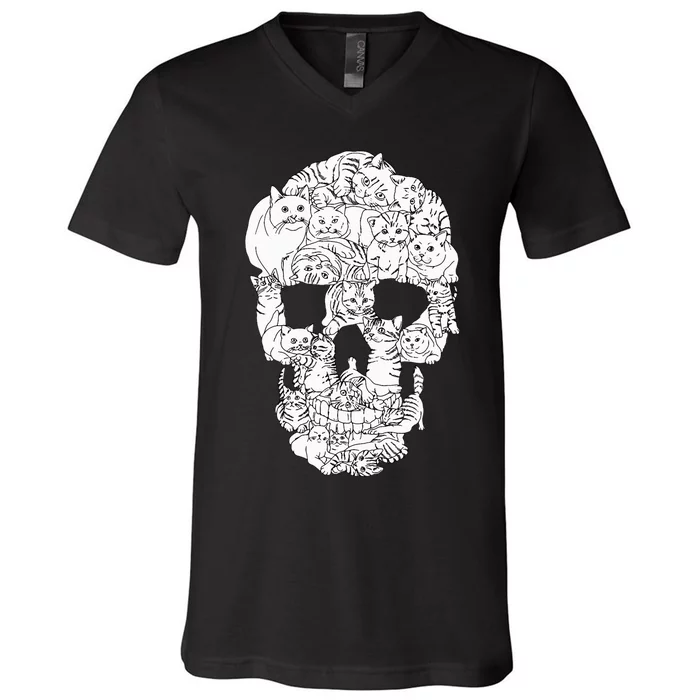 Cat Skull Kitty Skeleton Halloween Goth Punk Emo Gift V-Neck T-Shirt