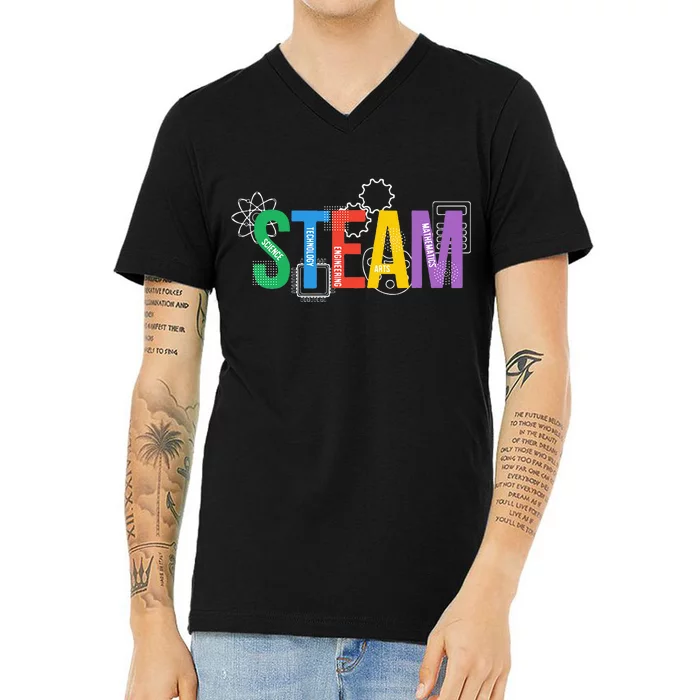 Colorful Steam Letters For Steam Program Teacher And Student V-Neck T-Shirt