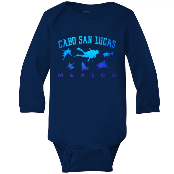 Cabo San Lucas Mexico Beach Vacation Trip Scuba Diver Sharks Gift Baby Long Sleeve Bodysuit