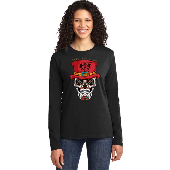 Cabo San Lucas Sugar Skull & Hat Souvenir Ladies Long Sleeve Shirt